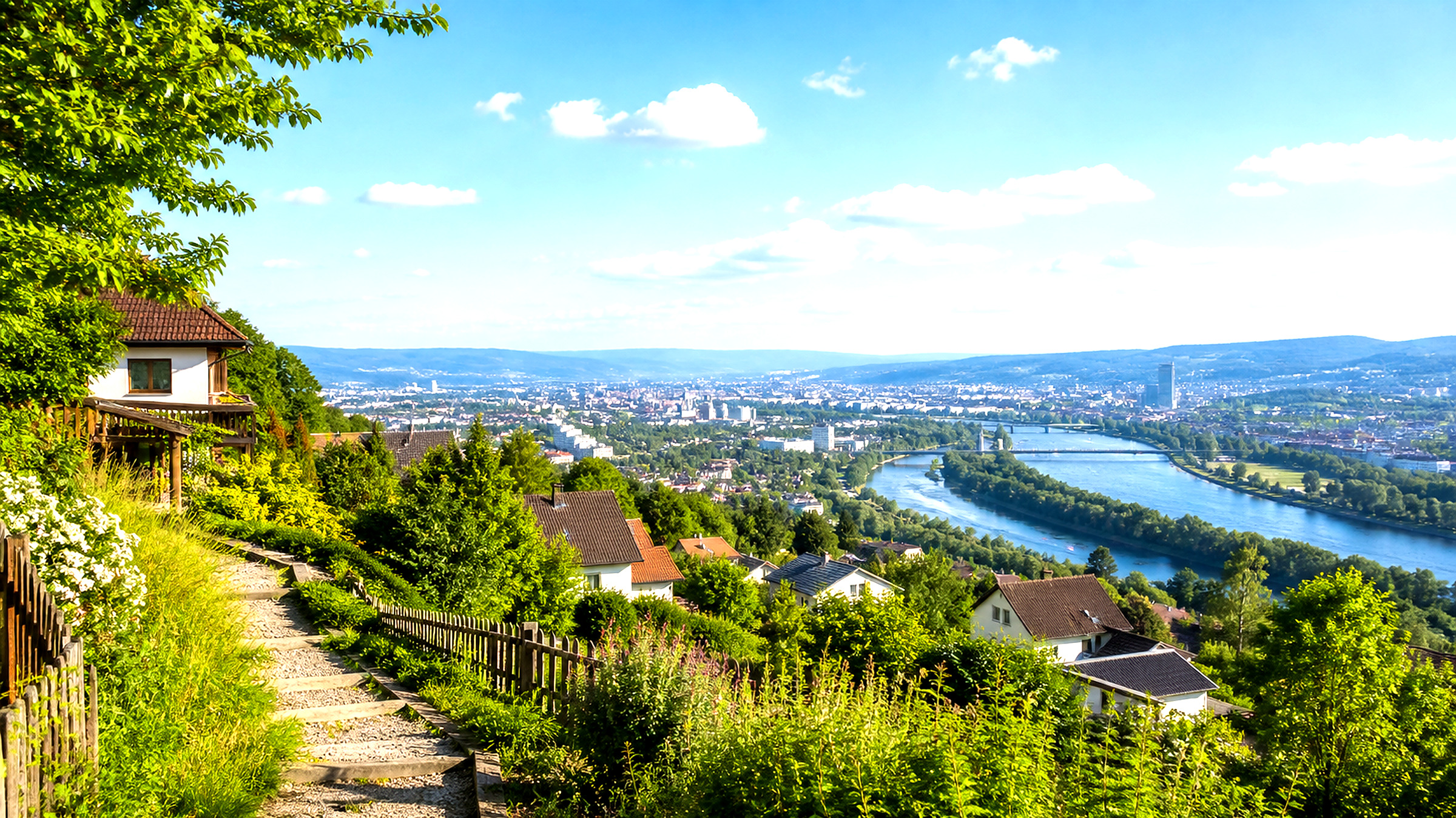 Bewaldeter Pfenningberg mit Hanglagen und Blick Richtung Donau